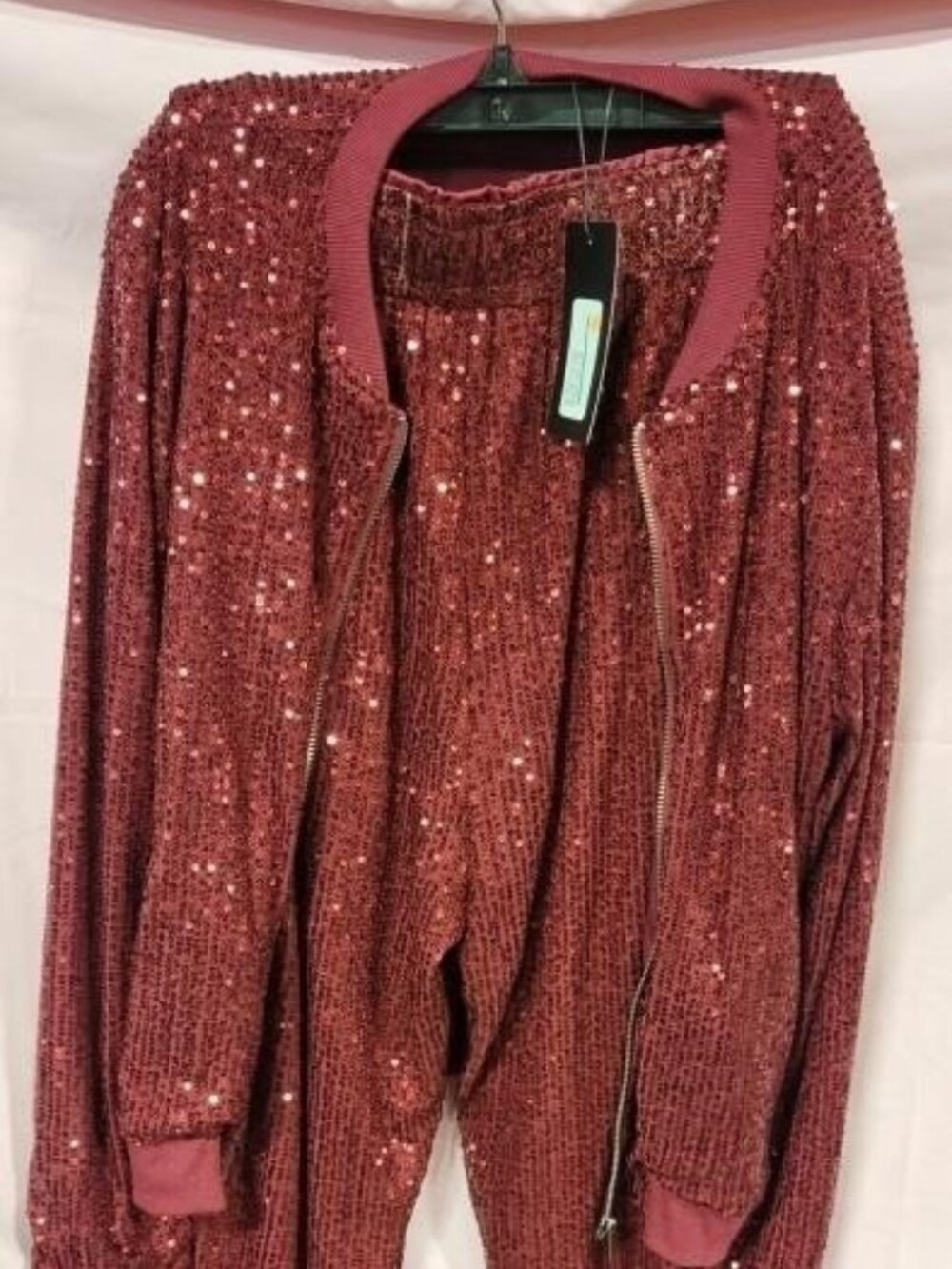 W.A.Y. BURGUNDY SEQUINED JOGGER JACKET and PANTS SET - LARGE - BURGUNDY